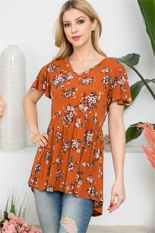 SA4-0-4-PPT21405-RU-1 - V-NECK BUTTERFLY SLEEVE FLORAL EMPIRE WAIST TOP- RUST 2-3-1-1