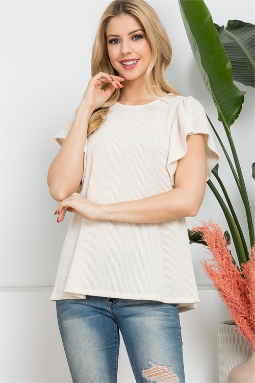 S8-11-1-PPT21406-IV - KNIT RUFFLE SHORT SLEEVE ROUND NECK TOP- IVORY 1-2-2-2