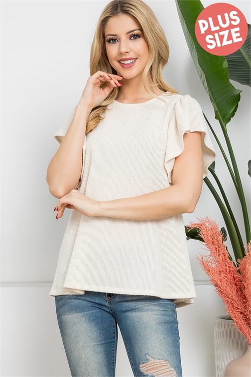 S13-12-4-PPT21406X-IV-1 - PLUS SIZE KNIT RUFFLE SHORT SLEEVE ROUND NECK TOP- IVORY 2-2-1