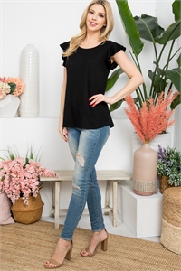 S13-1-4-PPT21408-BK - RIB CAP SLEEVE ROUND NECK TOP- BLACK 1-2-2-2