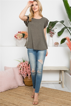 S9-1-4-PPT21408-OV - RIB CAP SLEEVE ROUND NECK TOP- OLIVE 1-2-2-2 (NOW $2.75 ONLY!)