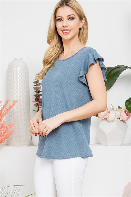 SA4-6-4-PPT21408-TLBL-1 - RIB CAP SLEEVE ROUND NECK TOP- TEAL BLUE 0-2-2-2