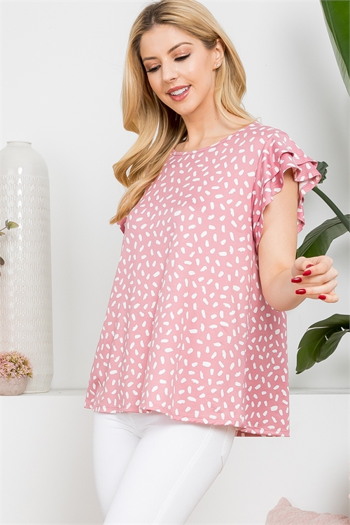 S8-8-3-PPT21409-DPBLSOFW - RUFFLE CAP SLEEVE PRINTED TOP- DEEP BLUSH/OFF WHITE 1-2-2-2