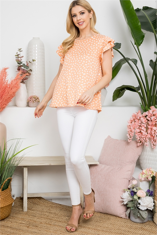 S8-8-3-PPT21409-PCHOFW - RUFFLE CAP SLEEVE PRINTED TOP- PEACH/OFF WHITE 1-2-2-2