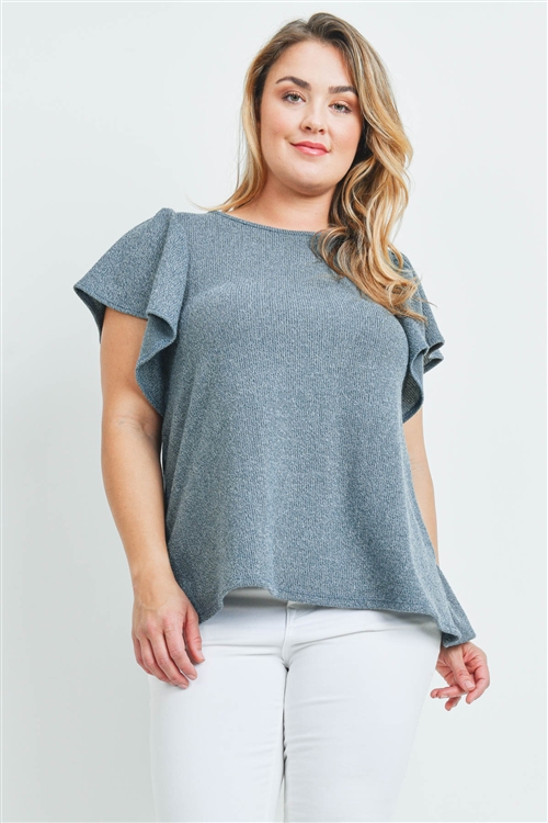 S9-15-1-PPT2140X-IDG-1 - PLUS SIZE RIB DETAIL ROUND NECK FLUTTER SLEEVE TOP- INDIGO 2-2-1