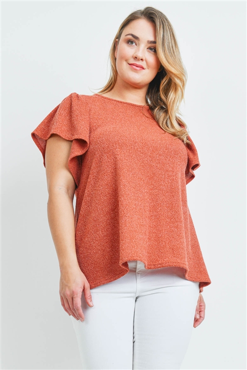 S10-3-3-PPT2140X-RUST - PLUS SIZE RIB DETAIL ROUND NECK FLUTTER SLEEVE TOP- RUST 3-2-1