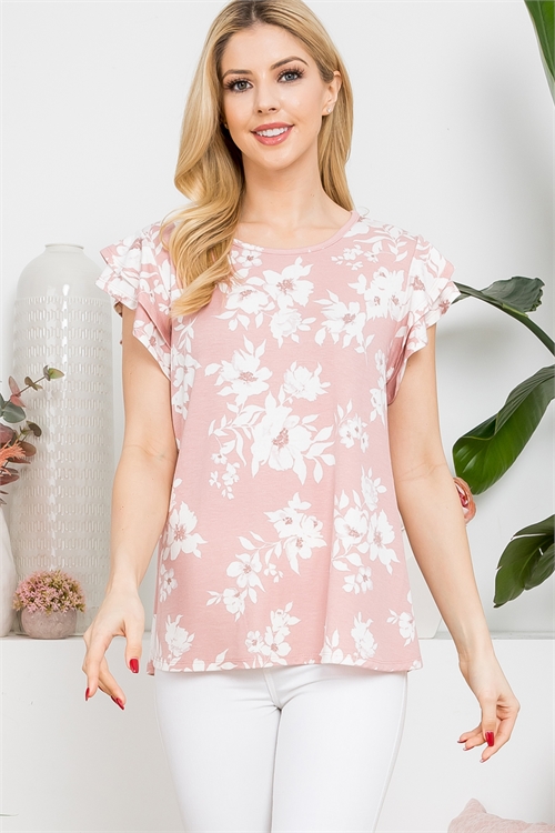 S12-9-3-PPT21411-BPK-1 - FLORAL RUFFLE CAP SLEEVE TOP- B. PINK 0-2-2-2