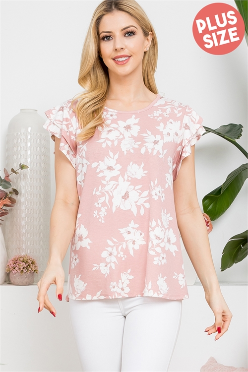 S11-8-3-PPT21411X-BPK - PLUS SIZE FLORAL RUFFLE CAP SLEEVE TOP- B. PINK 3-2-1