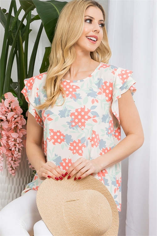 S9-10-4-PPT21412-IV-1 - BERRY PRINT RUFFLE CAP SLEEVE TOP- IVORY 0-2-2-1