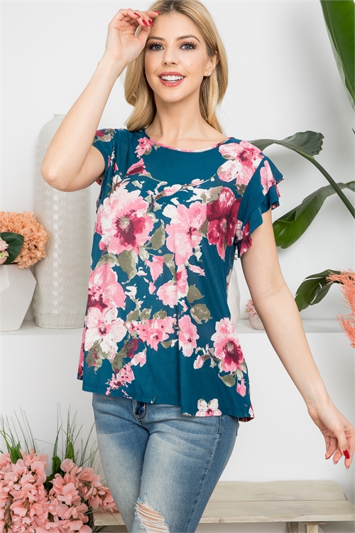 S9-13-3-PPT21413-TL-1 - BOLD FLORAL RUFFLE CAP SLEEVE TOP- TEAL 0-2-2-1