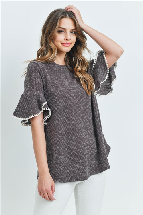 S8-14-3-PPT2142-BWN-1 - POMPOM DETAIL BELL SLEEVES ROUND HEM DRAKE TOP- BROWN 0-2-1-2