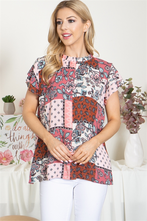 S13-2-3-PPT21429-RSAQ - FLORAL PAISLEY PATCHES RUFFLE NECKLINE TOP- ROSE AQUA 1-2-2-2 (NOW $5.75 ONLY!)