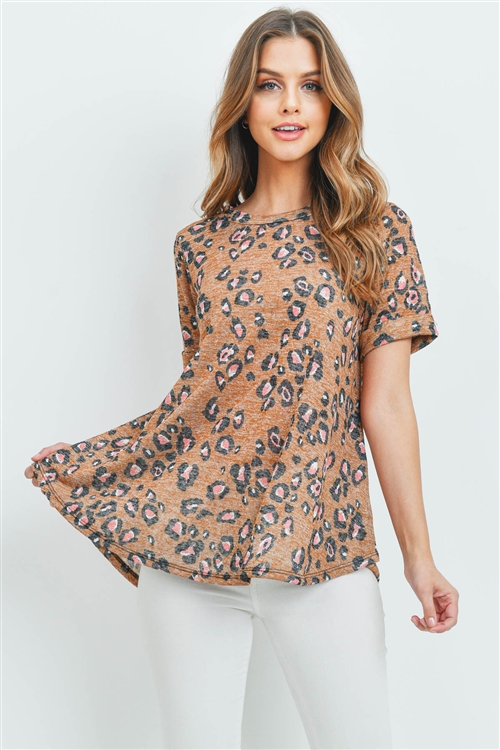 S10-15-2-PPT2143-GY - ROUND NECK SHORT SLEEVES LEOPARD TOP- MUSTARD 0-2-2-2