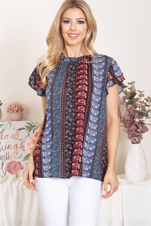 S14-3-3-PPT21431-DNM - RUFFLE NECKLINE FLORAL PRINTED TOP- DENIM 1-2-2-2 (NOW $5.75 ONLY!)