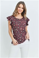 S4-2-4-PPT2145-BU - LEOPARD SHORT RUFFLE SLEEVES TOP- BURGUNDY 1-2-2-2