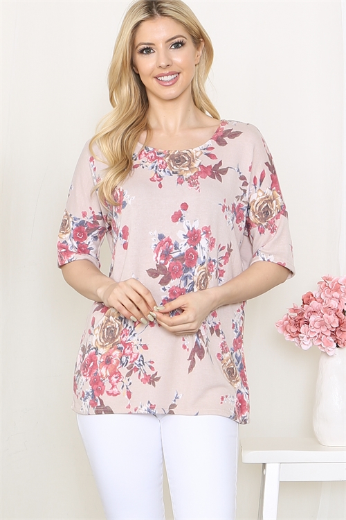 S11-5-4-PPT21451-TP-1 - FLORAL HALF SLEEVE ROUND NECK TOP- TAUPE 0-2-2-2