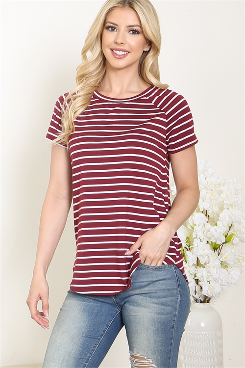 S10-15-2-PPT21452-BUIV-1 - SHORT SLEEVE STRIPE RAGLAN TOP- BURGUNDY/IVORY 1-1-1-2