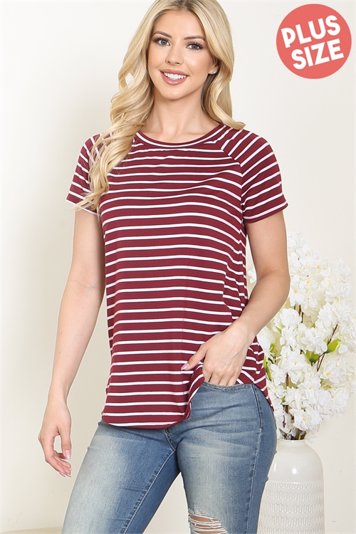 S11-17-2-PPT21452X-BUIV-1 - PLUS SIZE SHORT SLEEVE STRIPE RAGLAN TOP- BURGUNDY/IVORY 2-1-1