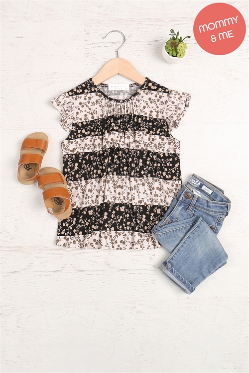 S12-12-4-PPT21459TK-BKTP-1 - KIDS RUFFLED SHORT SLEEVE AND FRONT TOP- BLACK/TAUPE 1-1-1-1-0-1-1-1