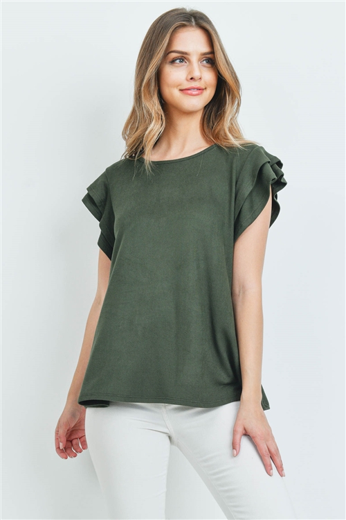 S8-2-1-PPT2147-OV - LAYERED SHORT SLEEVES BOAT NECK SOLID TOP- OLIVE 1-2-2-2