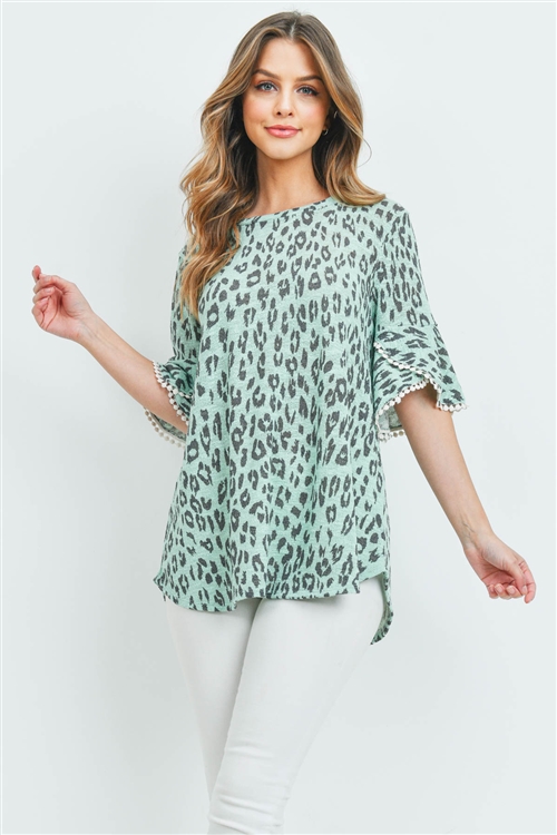 S14-12-1-PPT2148-GNMNT-1 - LOW GAUGE LACE DETAIL BELL SLEEVES LEOPARD TOP- GREEN MINT 2-2-2