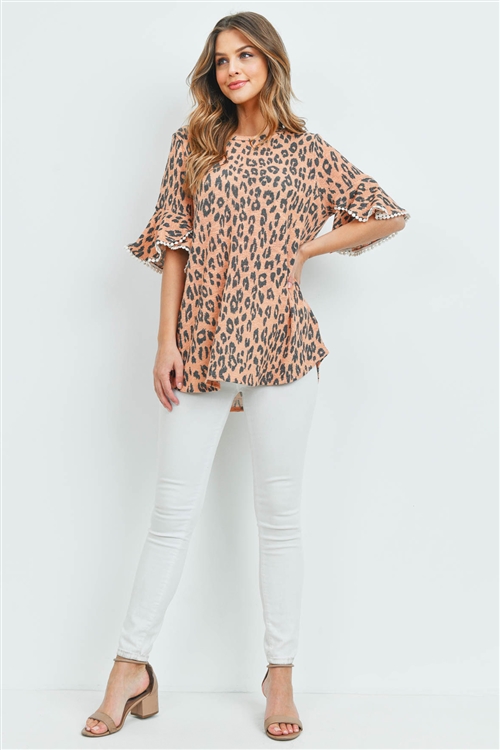 S14-12-1-PPT2148-PCH-1 - LOW GAUGE LACE DETAIL BELL SLEEVES LEOPARD TOP- PEACH 2-2-2