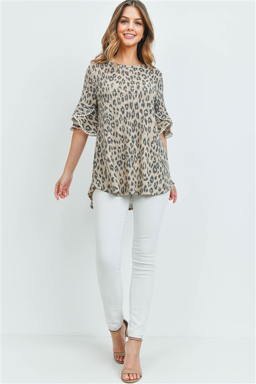 S11-7-2-PPT2148-TP - LOW GAUGE LACE DETAIL BELL SLEEVES LEOPARD TOP- TAUPE 1-2-2-2