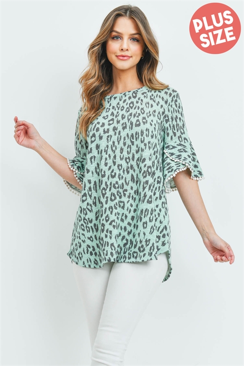 S10-1-2-PPT2148X-GNMNT - PLUS SIZE LOW GAUGE LACE DETAIL BELL SLEEVES LEOPARD TOP- GREEN MINT 3-2-1