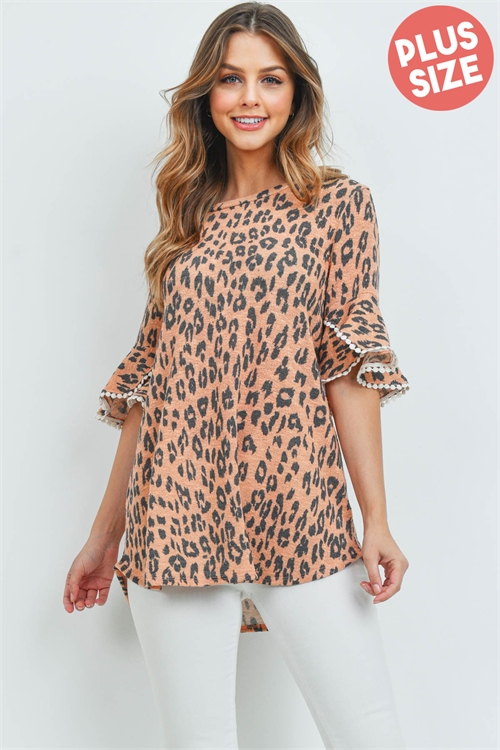 S10-1-3-PPT2148X-PCH - PLUS SIZE LOW GAUGE LACE DETAIL BELL SLEEVES LEOPARD TOP- PEACH 3-2-1