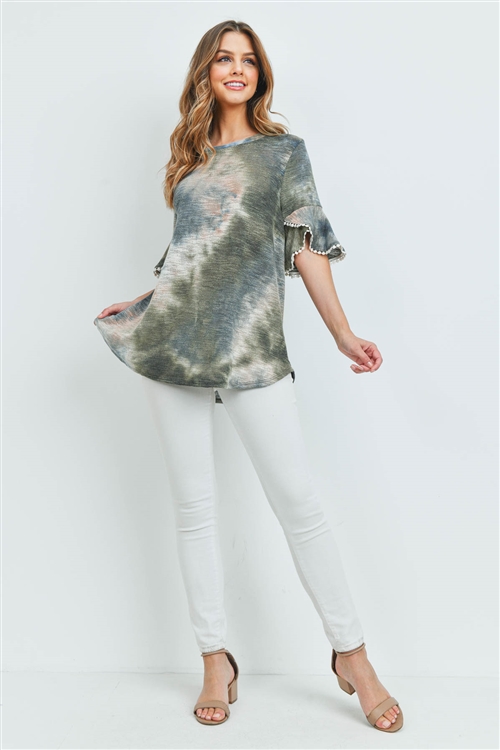 S9-1-3-PPT2149-SGGYPCH - TIE DYE LACE DETAIL BELL SLEEVES LOW GAUGE TOP- SAGE/GREY/PEACH 1-2-2-2