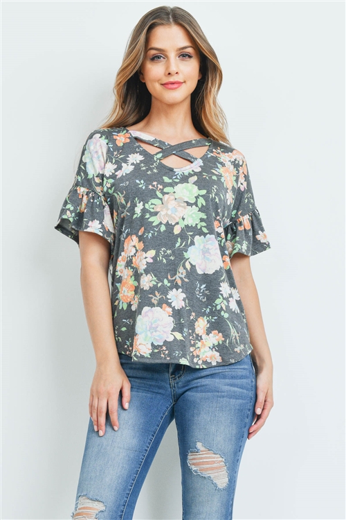 S14-11-2-PPT2150-BKMNT - SHORT RUFFLE SLEEVES CRISS CROSS NECK FLORAL TOP- BLACK/MINT 1-2-2-2