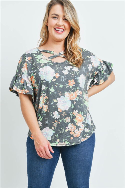 S11-18-2-PPT2150X-BKMNT - PLUS SIZE SHORT RUFFLE SLEEVES CRISS CROSS NECK FLORAL TOP- BLACK/MINT 3-2-1