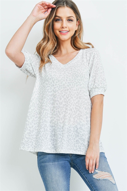 S11-6-4-PPT2153-OFWPLGY - PUFF SLEEVES V-NECK LEOPARD TOP- OFF-WHITE/PALE GREY 1-2-2-2 (NOW $5.75 ONLY!)