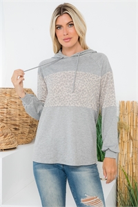 S8-4-2-PPT21543-DKGYTPSN - ANIMAL PRINT CONTRAST PUFF SLEEVE HOODIE TOP- DK. GREY-TAUPE/SIENNA 0-0-1-1