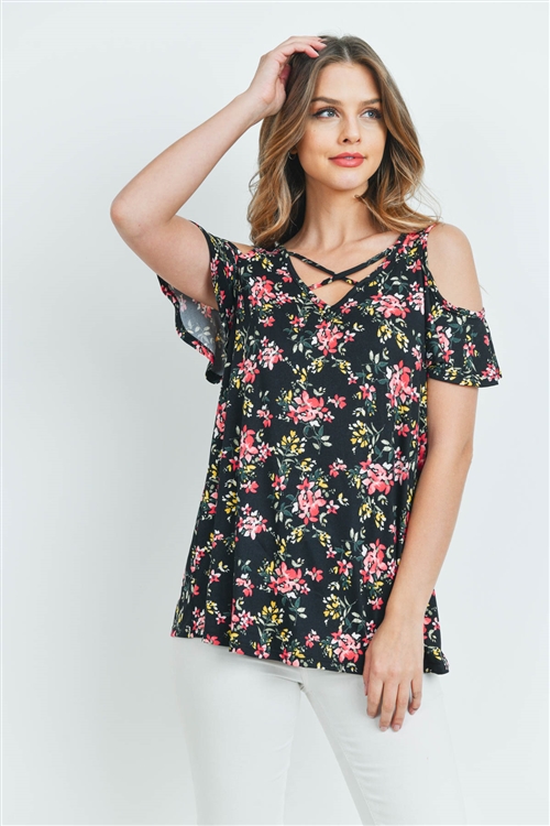 S9-2-1-PPT2155-BKRD-1 - FLORAL COLD SHOULDER CRISS CROSS NECKLINE TOP- BLACK/RED 1-1-2-0