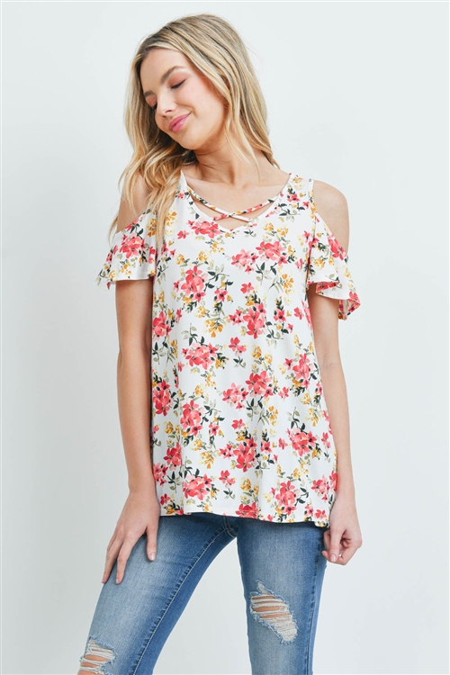 S11-19-1-PPT2155-IVRD - FLORAL COLD SHOULDER CRISS CROSS NECKLINE TOP- IVORY/RED 1-2-2-2