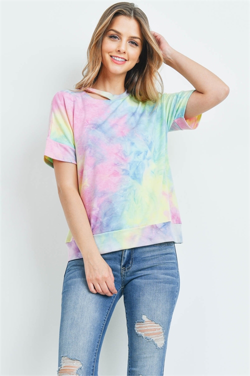 S11-7-2-PPT2156-YWJDPK-2 - CUTOUT NECKLINE TIE DYE BANDED HEM TOP- YELLOW/JADE/PINK 1-1-0-2