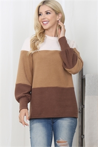 S9-1-2-PPT21562-CRMCMLBWN - PUFF SLEEVE COLOR BLOCK RIB TOP- CREAM-CAMEL-BROWN 1-1-1-1