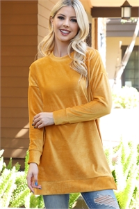 S10-13-2-PPT21568-MU - LONG SLEEVE VELVET CORDUROY TOP WITH SIDE SLIT- MUSTARD 1-2-2-1