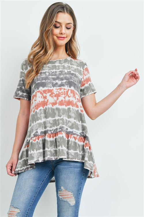 S12-2-4-PPT2157-RSTOV - SHORT SLEEVES TIE DYE RUFFLE HEM TOP- RUST/OLIVE 1-2-2-2