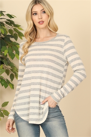 S9-2-4-PPT21570-CRM - LONG SLEEVE DOLPHIN HEM HACCI STRIPES TOP- CREAM 1-2-2-1