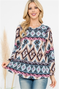 S8-7-1-PPT21572-TLMV - LONG PUFF SLEEVE AZTEC PRINTED SEED FABRIC TOP- TEAL/MAUVE 1-2-2-1