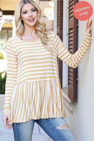 S5-9-1-PPT21576-IVMU - STRIPE REVERSE COVER STITCHED SHIRRING HEM TOP- IVORY/MUSTARD 1-2-2-1