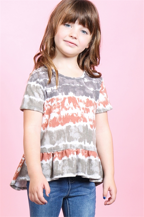 S14-5-4-PPT2157T-RSTOV - TODDLER GIRLS SHORT SLEEVES TIE DYE RUFFLE HEM TOP- RUST/OLIVE 2-2-2-2