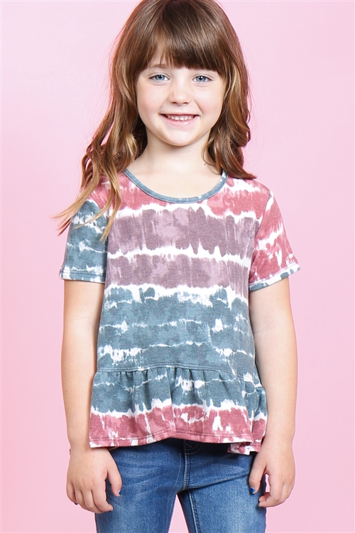 S10-18-2-PPT2157T-TLWNPPL-1 - TODDLER GIRLS SHORT SLEEVES TIE DYE RUFFLE HEM TOP- TEAL WINE/PURPLE 1-2-1