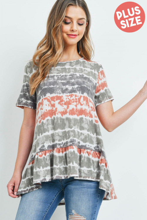 S12-12-4-PPT2157X-RSTOV - PLUS SIZE SHORT SLEEVES TIE DYE RUFFLE HEM TOP- RUST/OLIVE 3-2-1