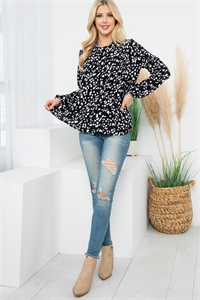 S12-12-2-PPT21584-BKIV - PUFF SLEEVE MERROW NECKLINE ANIMAL PRINT WOVEN TOP- BLACK/IVORY 1-2-2-1 (NOW $8.75 ONLY!)