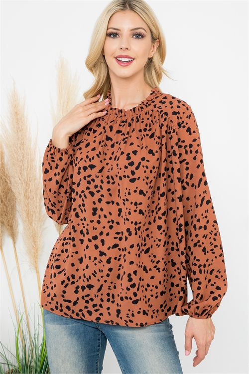 S8-8-4-PPT21584-RUBK - PUFF SLEEVE MERROW NECKLINE ANIMAL PRINT WOVEN TOP- RUST/BLACK 1-2-2-1 (NOW $8.75 ONLY!)