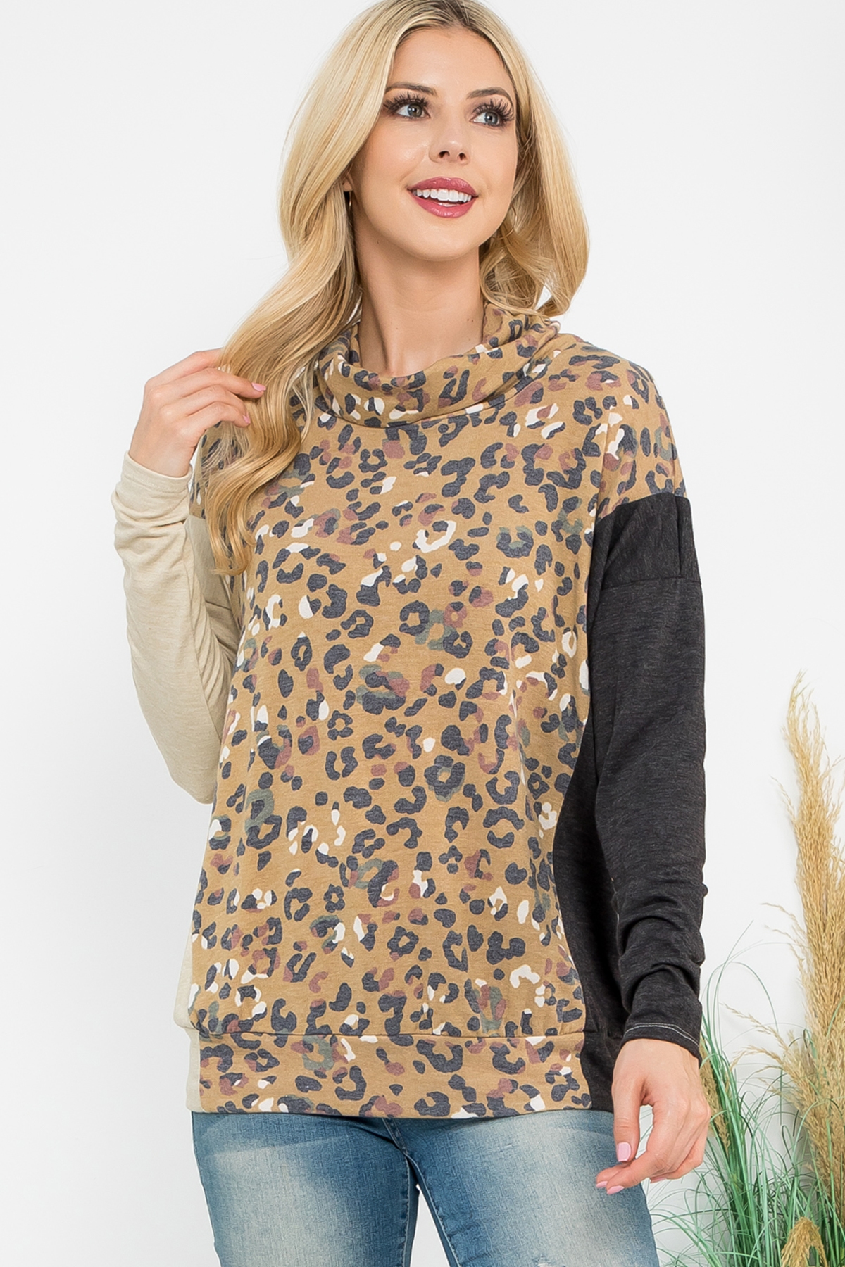 S11-13-3-PPT21587-MUOTMCHL - COWL NECKLINE LEOPARD BLOCK LONG SLEEVE TOP- MUSTARD-OATMEAL-CHARCOAL 1-2-2-1