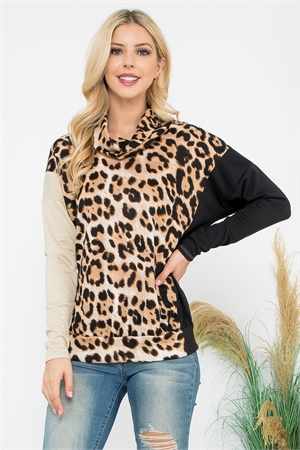 S7-10-2-PPT21588-TPOTMBK - COWL NECKLINE LEOPARD BLOCK LONG SLEEVE TOP- TAUPE-OATMEAL-BLACK 1-2-2-1